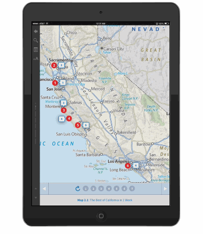 Guided tour on iPad, stepping through numbered stops on a map of California.