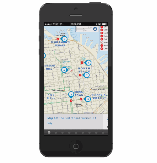 Guided tour on iPhone, swiping through steps on a map of San Francisco.