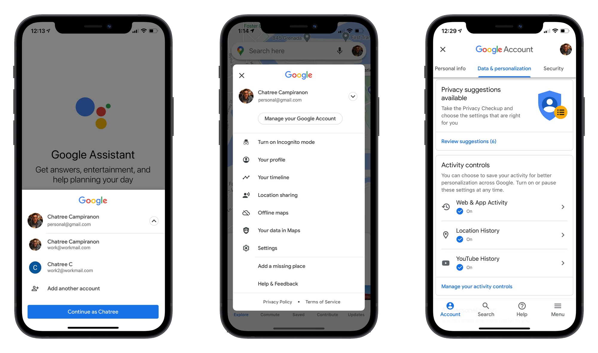 Three phone screens from Google products: the account switcher in Google Assistant, the account menu in Maps, and the Data and personalization tab of the Google Account.
