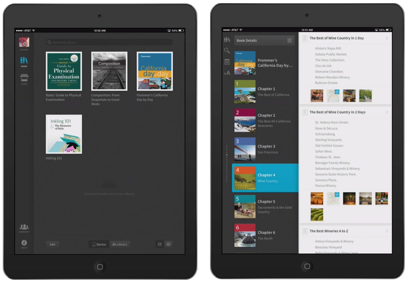 Inkling for iPad. On the left, the library screen. On the right, the outline view for a travel guide, with chapters on the left and sections and figures on the right.