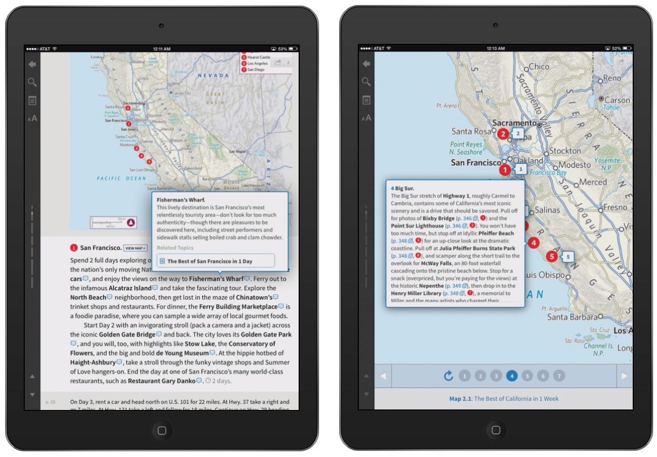 Inkling for iPad content. A pop-tip over a California map, and an interactive map with numbered stops.