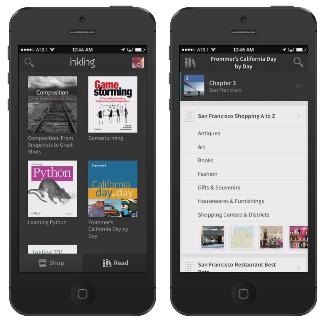 Inkling for iPhone. The library, and the one-column outline view.