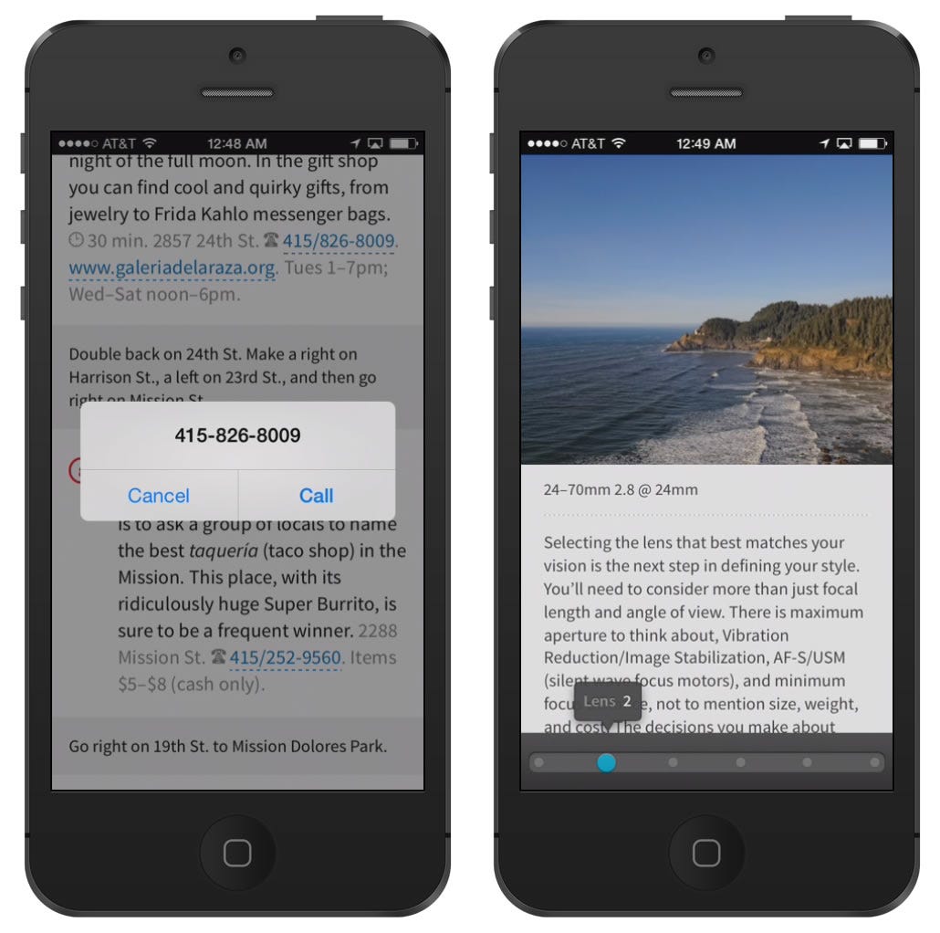 Inkling for iPhone content. A tap on a phone number offers to call it, and a guided tour shows a ribbon of steps at the bottom.