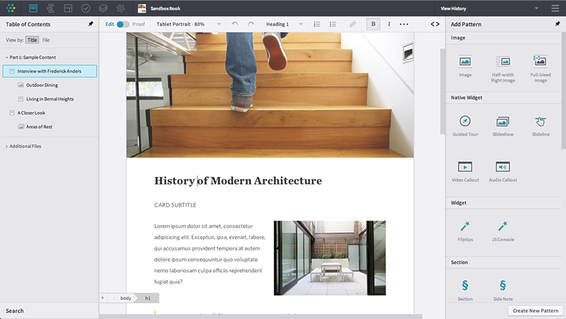 Inkling Habitat, a web-based authoring tool, with a table of contents on the left, a document in the middle, and a panel of content patterns on the right.
