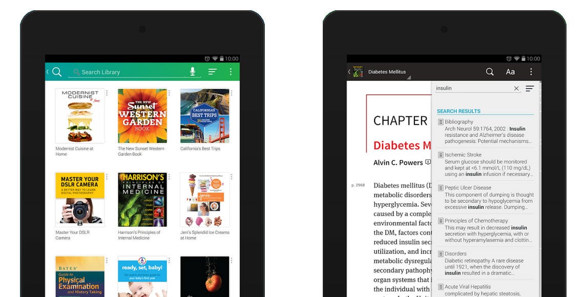 Inkling for Android on a tablet, showing the library and a medical textbook with search results.