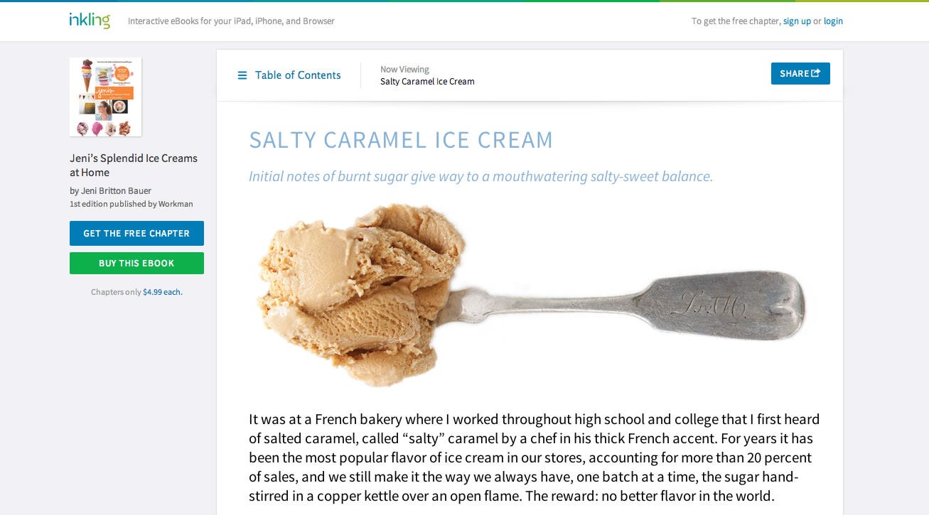 An Inkling web page for a salty caramel ice cream recipe, shown as a search result landing page.