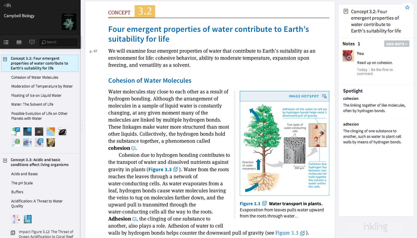 Inkling for Web showing a biology textbook with an outline on the left, the chapter in the middle, and notes on the right.