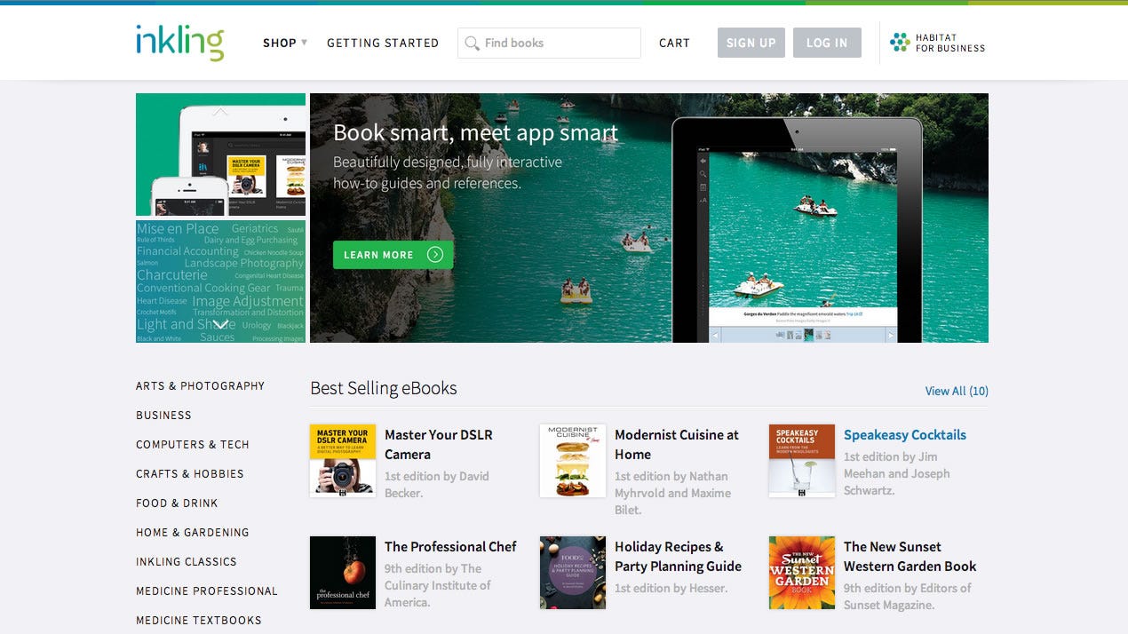 The Inkling web store home page with a banner and a list of best-selling ebooks.